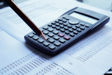 accountant data spreadsheet with calculator. business accounter analysis economic work concepts.