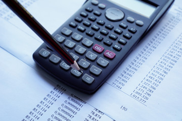 accountant data spreadsheet with calculator. business accounter analysis economic work concepts.