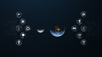 Earth Moon Green Energy Planet Concept Icons 3D illustration Background