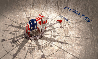 Voting concept. Abstract compass points to the debates word. Low poly elephant textured by flag of the USA