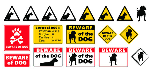 
Danger, warning. Slogan beware of the dog, beware of the cat sign Vector love animals footprints, steps, foot, feet, footsteps pictogram label for hound, puss, pussy, woof, meow quote. Caution signs