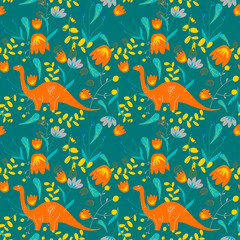 Childish Seamless Pattern with Hand Drawn Dinosaur in Scandinavian Style in Vector