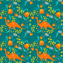 Fototapeta na wymiar Childish Seamless Pattern with Hand Drawn Dinosaur in Scandinavian Style in Vector