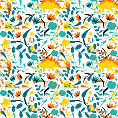 Childish Seamless Pattern with Hand Drawn Dinosaur in Scandinavian Style in Vector