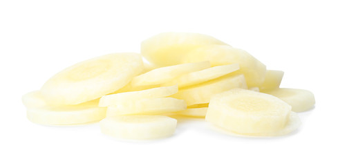 Pieces of raw carrot isolated on white