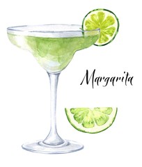 Watercolor Margarita cocktail with lime slice isolated on white background. Watercolour drink illustration.