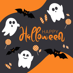 Happy Halloween poster of pumpkin, ghosts, full moon dark night and black bat. Halloween candy.