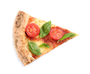 Slice of delicious pizza isolated on white, top view
