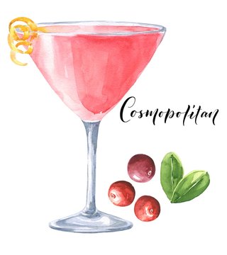 Watercolor pink cosmopolitan cocktail with cranberries  isolated on white background. Watercolour drink illustration.