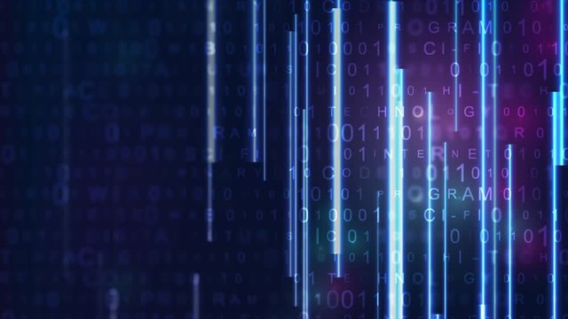 Futuristic technology neon abstract motion background with binary code numbers, letters and glowing laser lines. Seamless looping. Video animation Ultra HD 4K 3840x2160