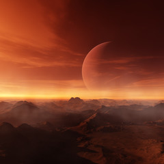 3d rendered Space Art: Alien Planet - A Fantasy Landscape with red skies and clouds