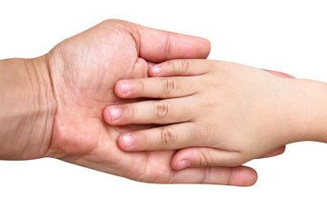 Asian little girl child in her mother's hand isolated on white background , clipping path