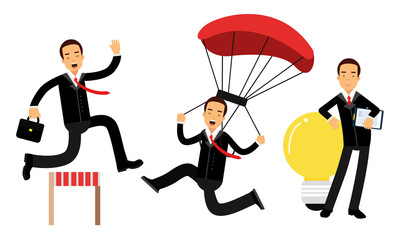 Energetic Businessman Jumping with Parachute and Over Barrier Vector Illustration Set