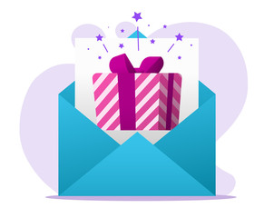 Email online gift letter message received vector, electronic digital mail with present surprise box win in envelope flat cartoon illustration, fun party invitation icon modern design