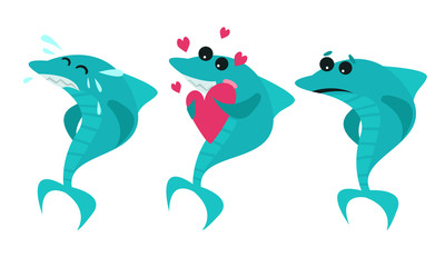 Humanized Shark Crying, Holding Heart and Feeling Sadness Vector Set
