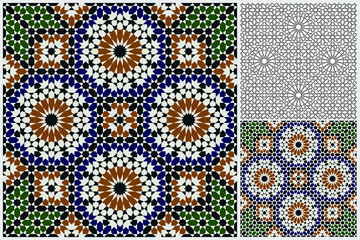 Set of moroccan geometric design. Islamic oriental mosaic background. Arabian ethnic motifs. Wall and floor decorative element. Vector illustration isolated. Colorful seamless pattern