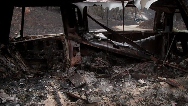 Napa, California, USA. 22 August 2020. Interior of burnt out car in the LNU Lightning Complex Fire that ravaged the Napa, Sonoma, Lake and Solano counties.