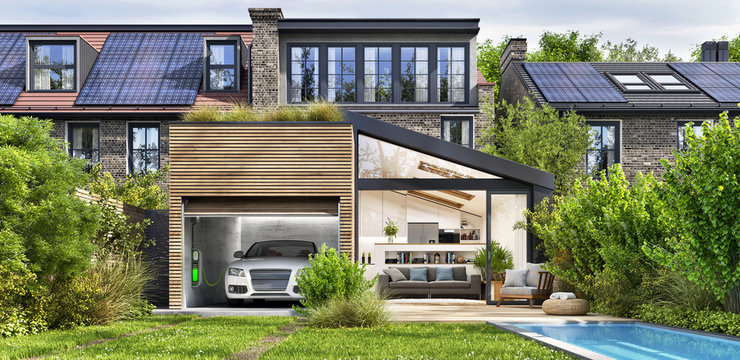 Modern house with rooftop solar panels and electric car