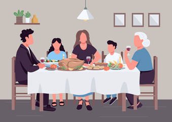 Caucasian family dinner flat color vector illustration. People eat meal together. Holiday lunch. Relatives generation at table 2D cartoon characters with household interior on background
