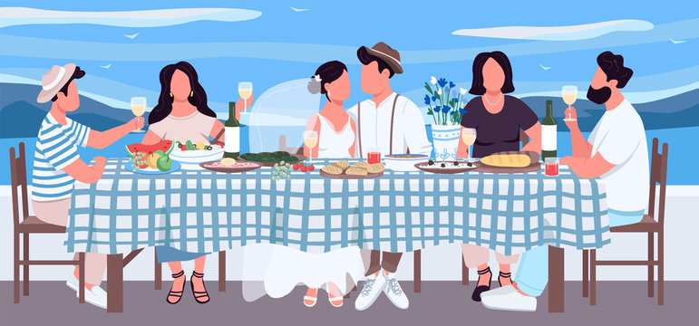 Greek wedding flat color vector illustration. Groom and bride at table with friends. Banquet for festive dinner. Celebrate together. Relative 2D cartoon characters with landscape on background