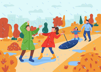Kids play in rain semi flat vector illustration. Parent with children in autumn urban park. City garden in fall weather for recreation. Preschoolers 2D cartoon characters for commercial use