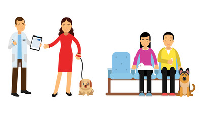 People Characters Bringing Their Pets for Vet Examination Vector Illustration Set.