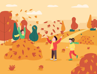 Children play in leaves pile semi flat vector illustration. Kids game in autumn season. Boy and girl spend time together in fall park. Preschoolers 2D cartoon characters for commercial use