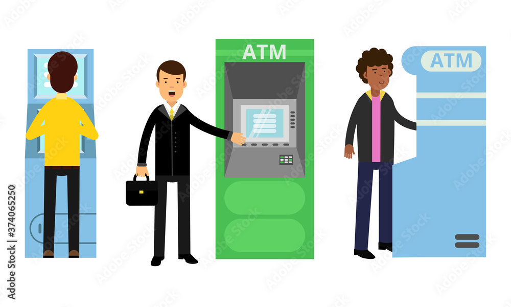 Poster young man characters using electronic self service terminals and atm machine vector illustration set