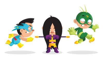 Kid Characters in Bright Superhero Costumes and Masks Vector Set