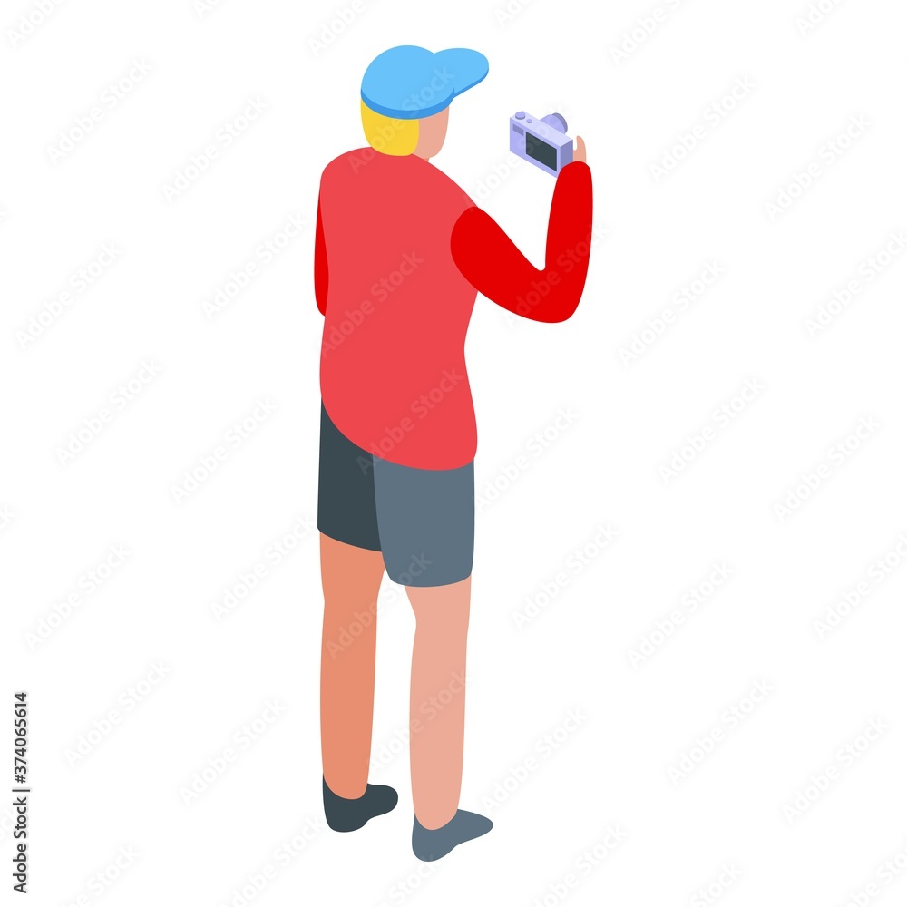 Poster tourist with camera icon. isometric of tourist with camera vector icon for web design isolated on wh
