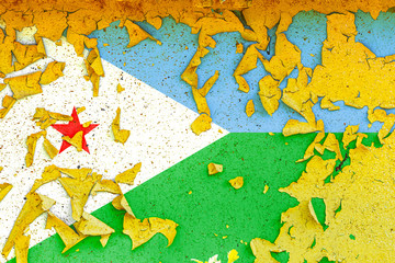 The national flag of Djibouti is painted on an old metal wall with ragged paint. Country symbol.