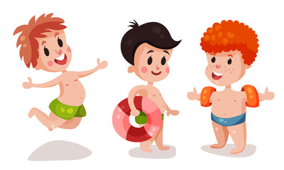 Funny Boys in Beach Wear with Rubber Ring and Armband Swimming and Playing Vector Illustration Set