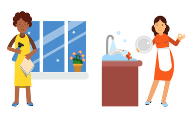 Energetic Housewife Washing the Dishes and Windows Vector Illustration Set