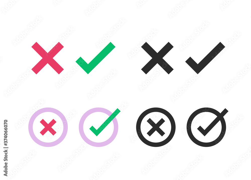 Aufkleber poll vote, right and wrong, yes no circle checkbox list icons vector flat isolated, x close cross, o