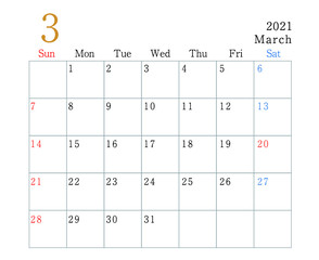 2021年　カレンダー　3月