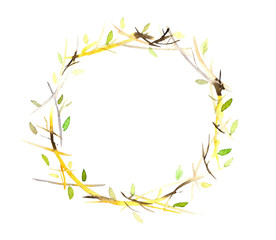 Watercolor wreath of branches in boho style, brown and gold branches with leaves form a round wreath. It is ideal for making greeting cards and invitations. Home decor