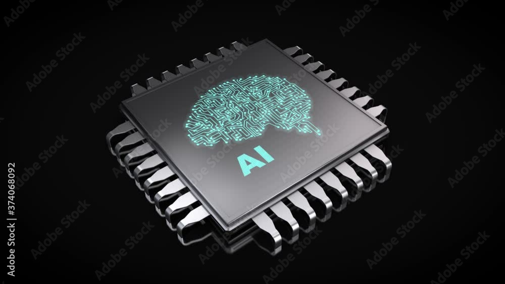 Poster 3d animation of the chip. on the surface of the processor is a blue image of the human brain and a s