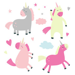 Vector set with unicorns, clouds, stars, hearts. Children's illustration in flat style. Illustration for creating seamless patterns, printing on a postcard, clothes.