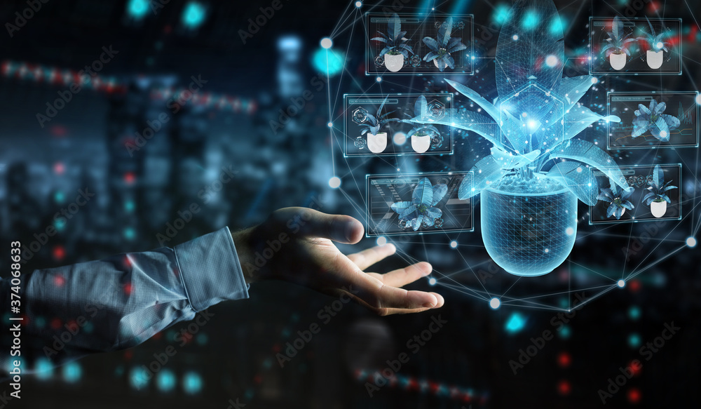 Poster man hand holding and touching holographic projection of a plant with digital analysis 3d rendering