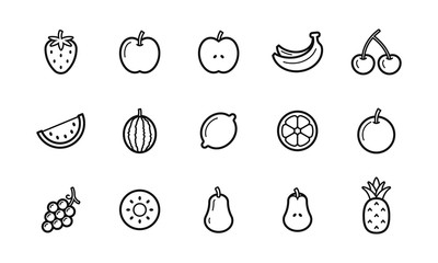 Collection of fruit icons. Grey outlined food vector symbols.
