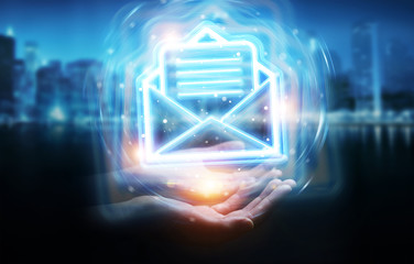 Man hand using digital email blue holographic interface 3D rendering