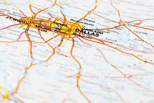 Dallas road map area. Closeup macro view