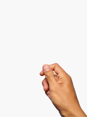 Male hand holding virtual card with fingers isolated on white background