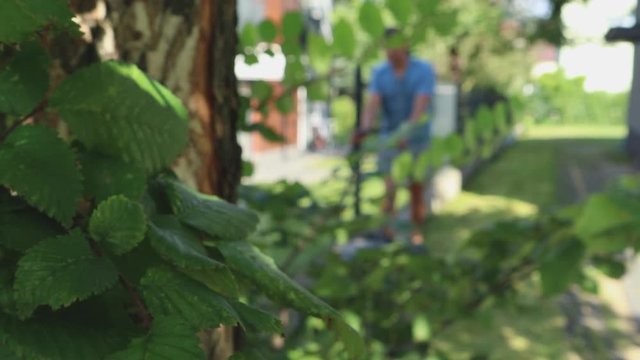 The gardener is mowing the lawn with an electric mower.