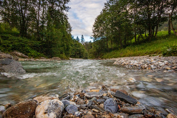 View to Tuxertal valley with Tux river and Zillertal alps near village Juns and Hintertux glacier in summer, Tirol Austria Europe