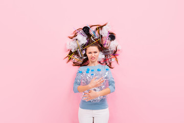 Top view above high angle flat lay flatlay lie concept of her she depressed irresponsible girl holding bottles solution eco friendly ecosystem society isolated on pink pastel color background