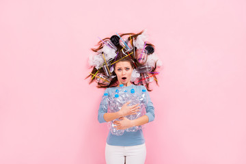 Top view above high angle flat lay flatlay lie concept of her she puzzled girl holding in hands junk disaster change decision solution reason cause result isolated on pink pastel color background