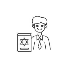 Jewish religious teacher line icon. linear style sign for mobile concept and web design. Man teacher and book with david star outline vector icon. Symbol, logo illustration. Vector graphics