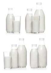 Collection of milk bottles and glasses, isolated on white background