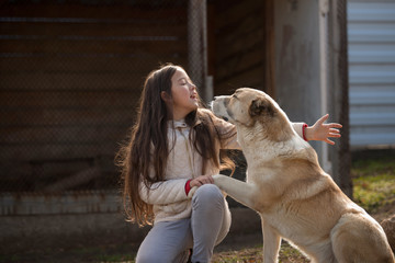 Portrait of a beautiful girl with a large dog of breed Alabai. Girl and dog. Friendship.